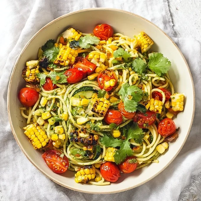 Fresh and zesty pasta salad filled with colorful vegetables and herbs