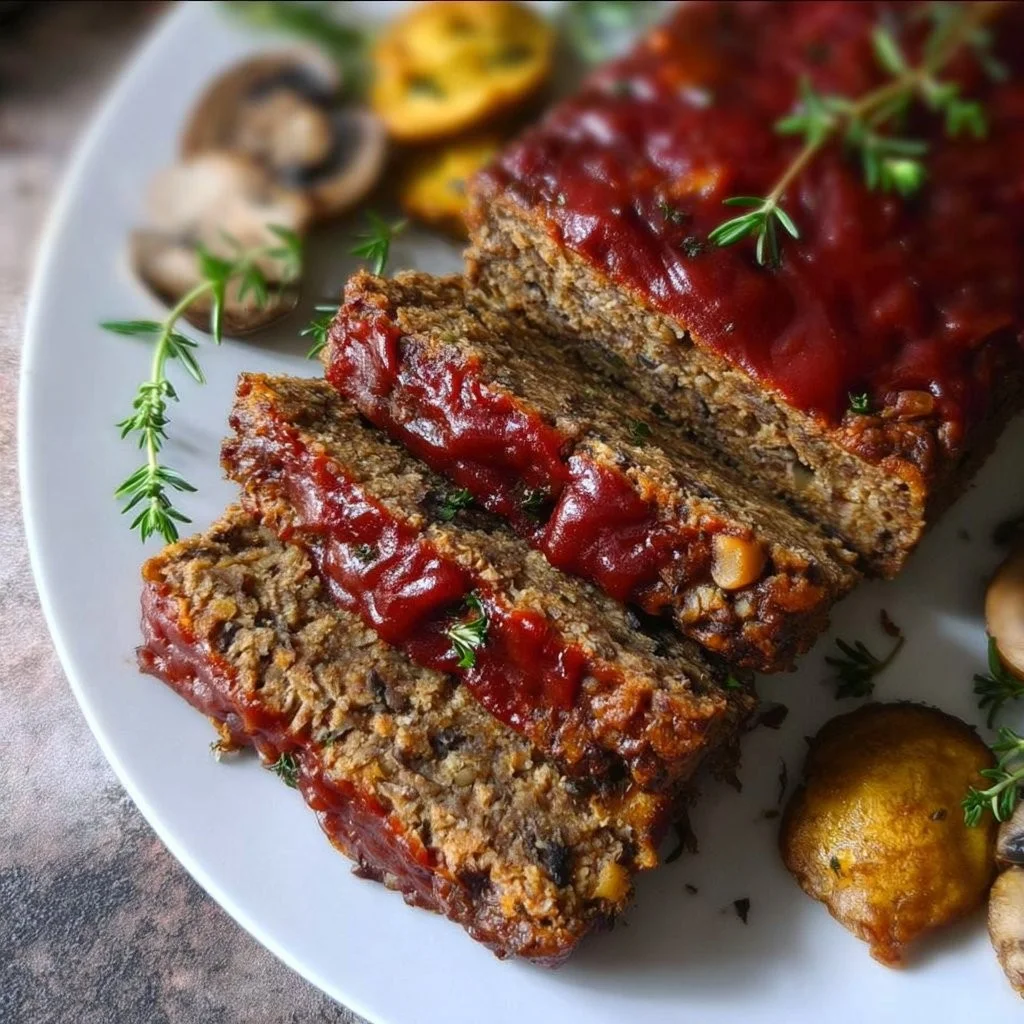 Mushroom-Walnut Meatless Loaf with Ketchup Glaze on a plate