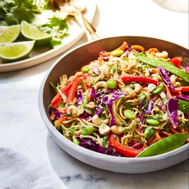 Sesame ginger noodle salad with cashews in a colorful bowl.