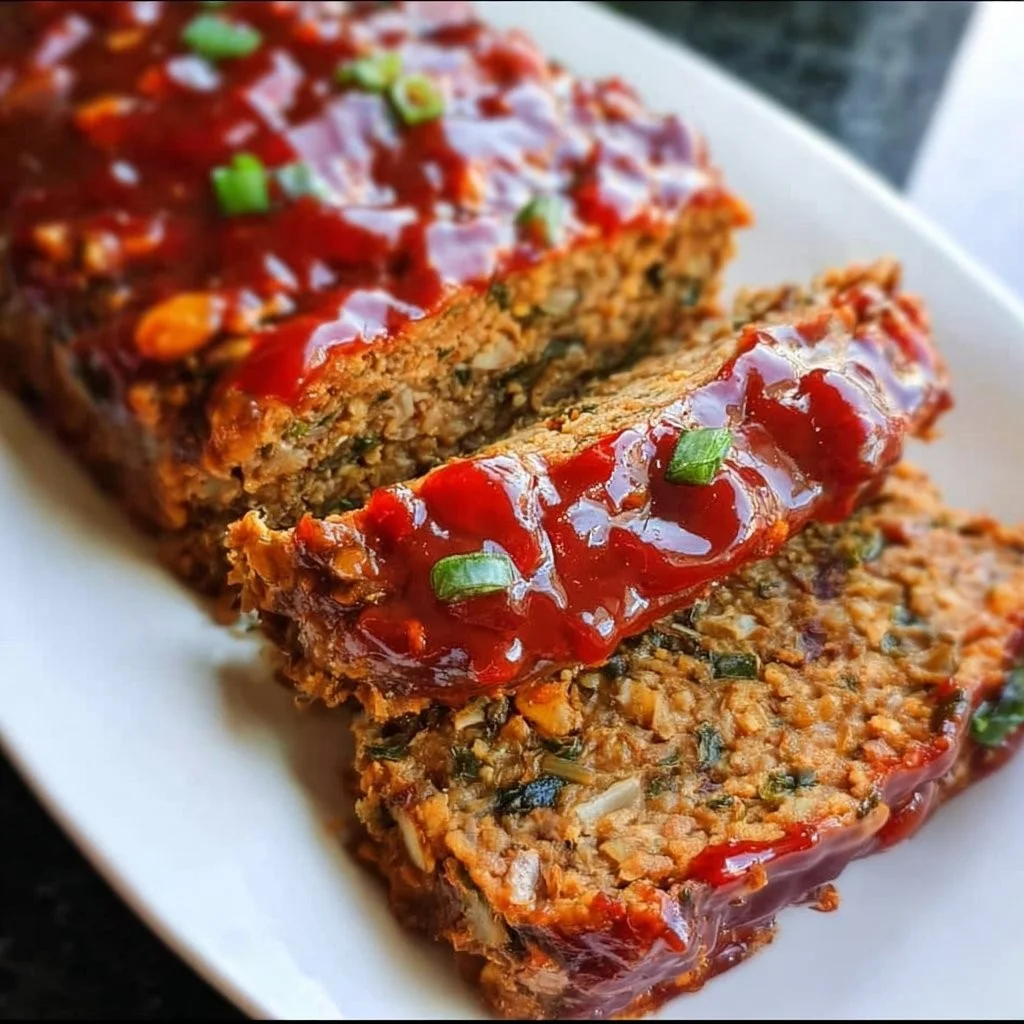 Thai lentil vegan meatloaf garnished with zesty marmalade glaze