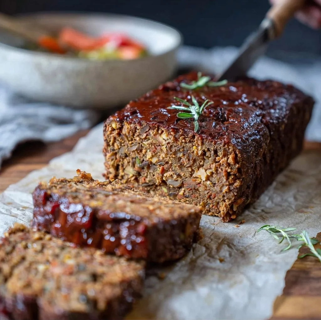 Delicious Vegan Lentil Loaf with maple-balsamic glaze served on a plate.