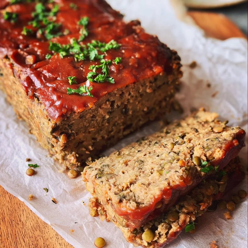 A slice of vegan lentil meatloaf on a plate garnished with herbs.