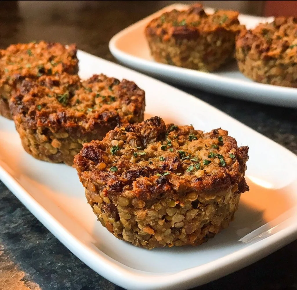 Vegan lentil meatloaf muffins fresh out of the oven, topped with herbs.