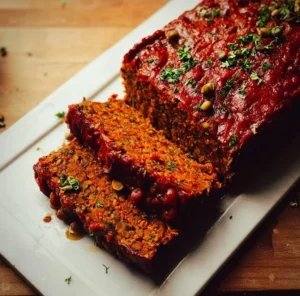 Vegan Lentil Nut Meat Loaf served with fresh herbs and vegetables