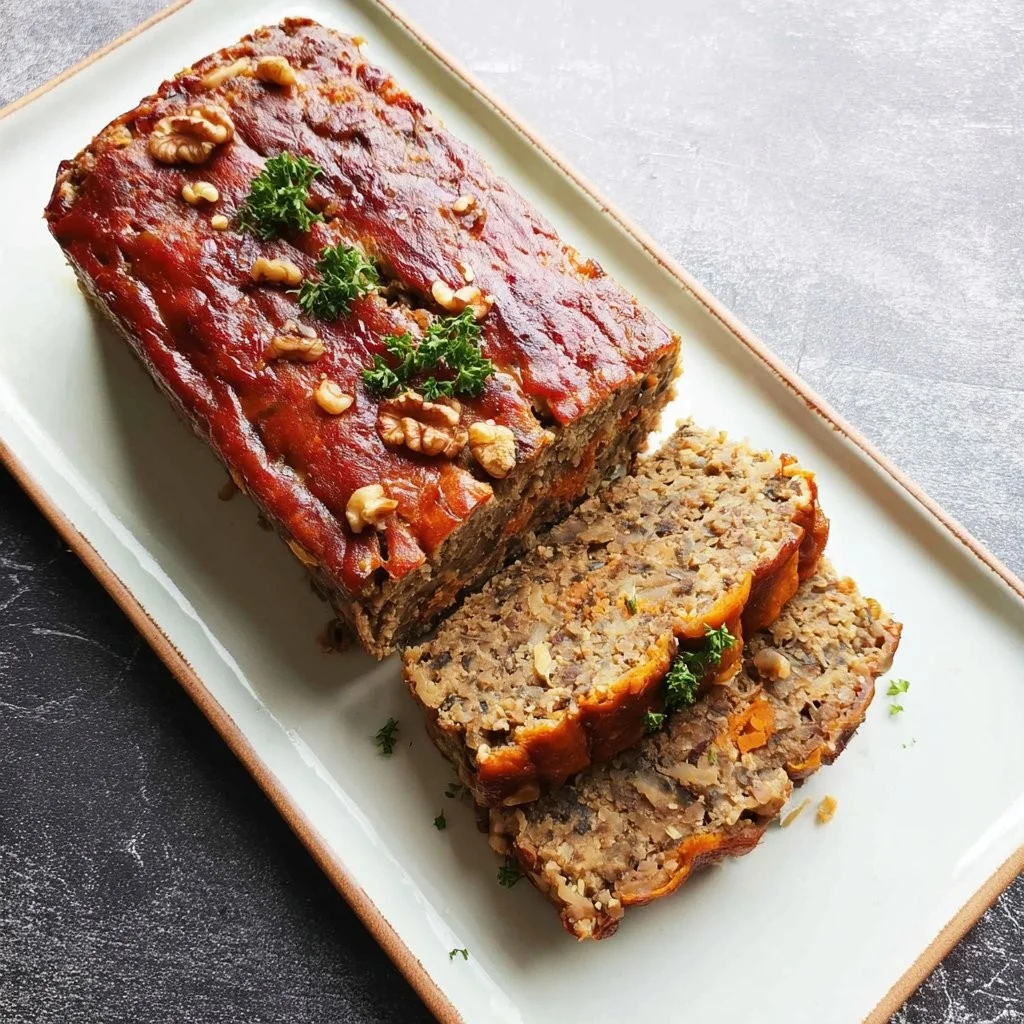 Delicious vegan meatloaf with lentils and walnuts served on a plate